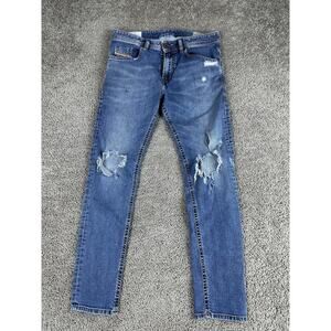 Diesel Thommer Jeans Mens 31 Blue Slim Skinny Distressed Denim Ripped Holes